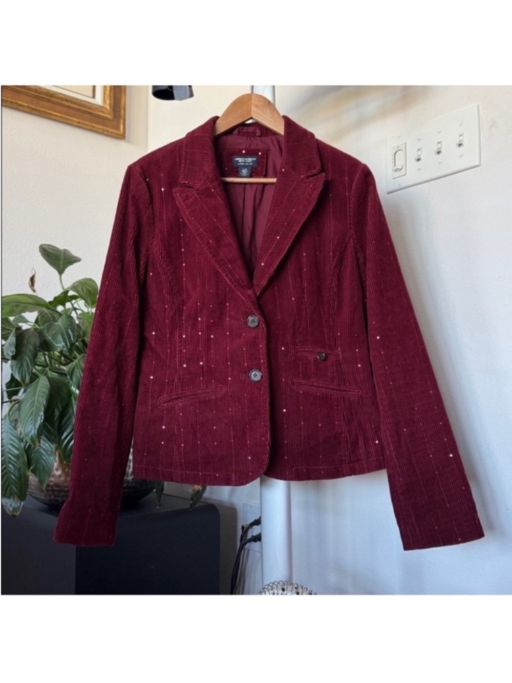 American Eagle Y2K Corduroy Blazer Jacket Sz L Burgundy Sequined Embellished